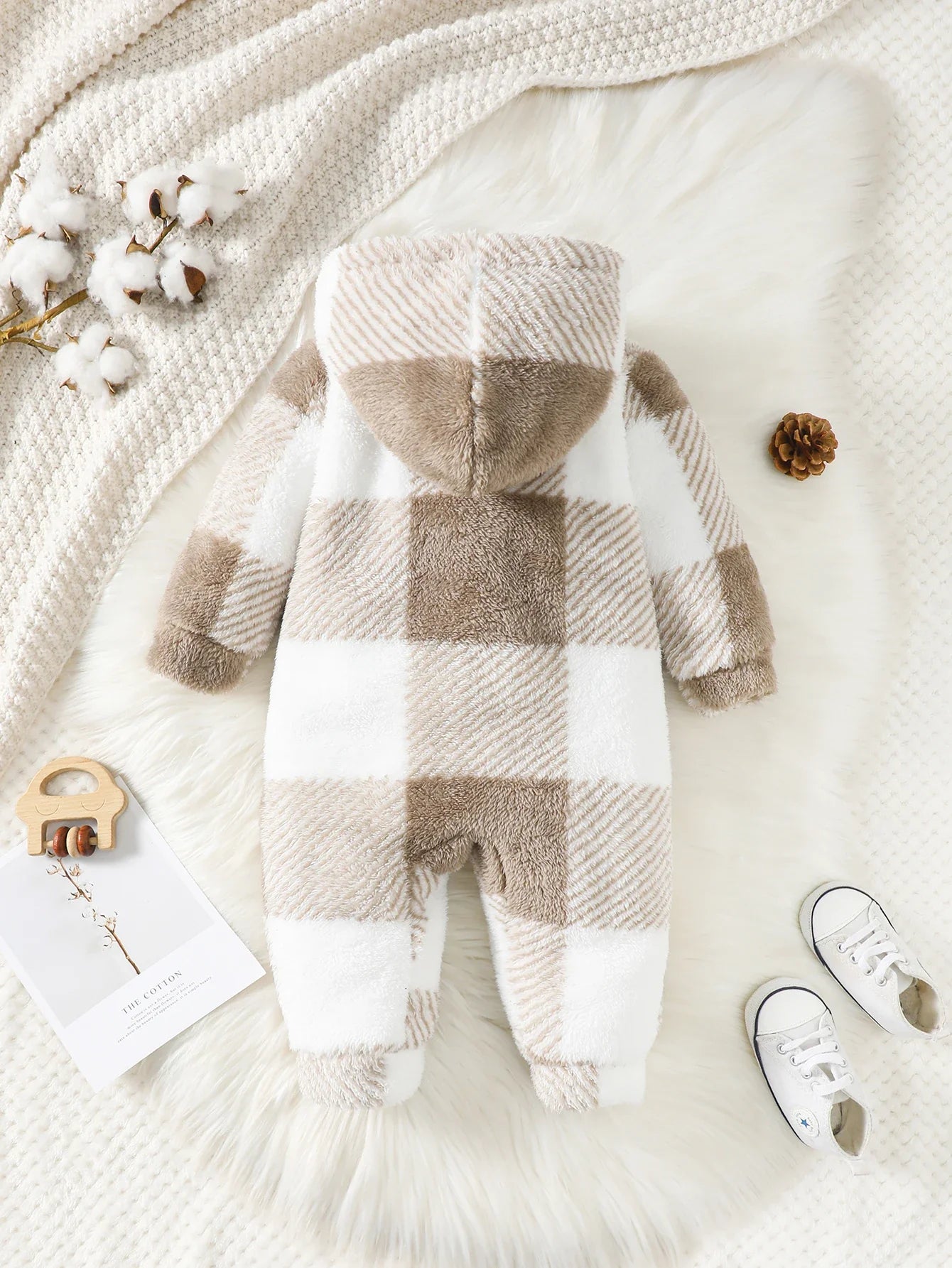 Plaid Romper Hooded Long-Sleeved Plush Jumpsuit