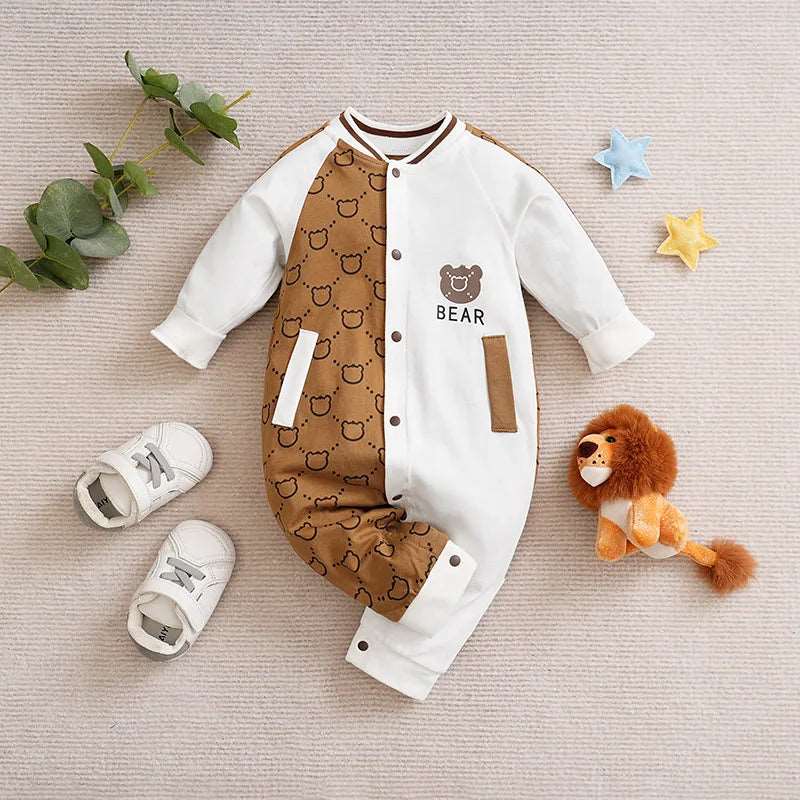 Cute Bear Print Cotton Bodysuit - Long Sleeve for Spring/Autumn